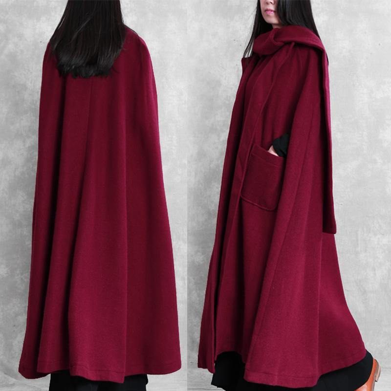 Fin Vinröd Yllerock Dam Oversize Vinterkappa Batwing Sleeve Stor Fåll - Trenchcoats för kvinnor