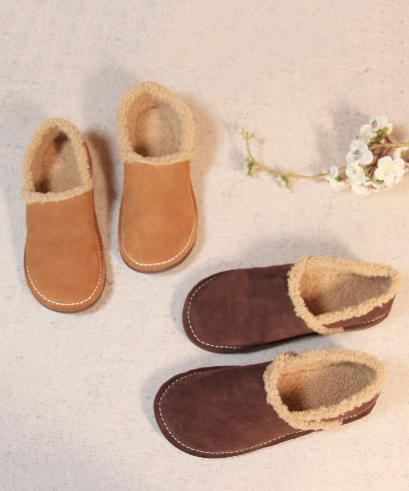 Fina Cowhide Läder Platta Skor För Kvinnor Khaki Fuzzy Wool Fodrade Flat Feet