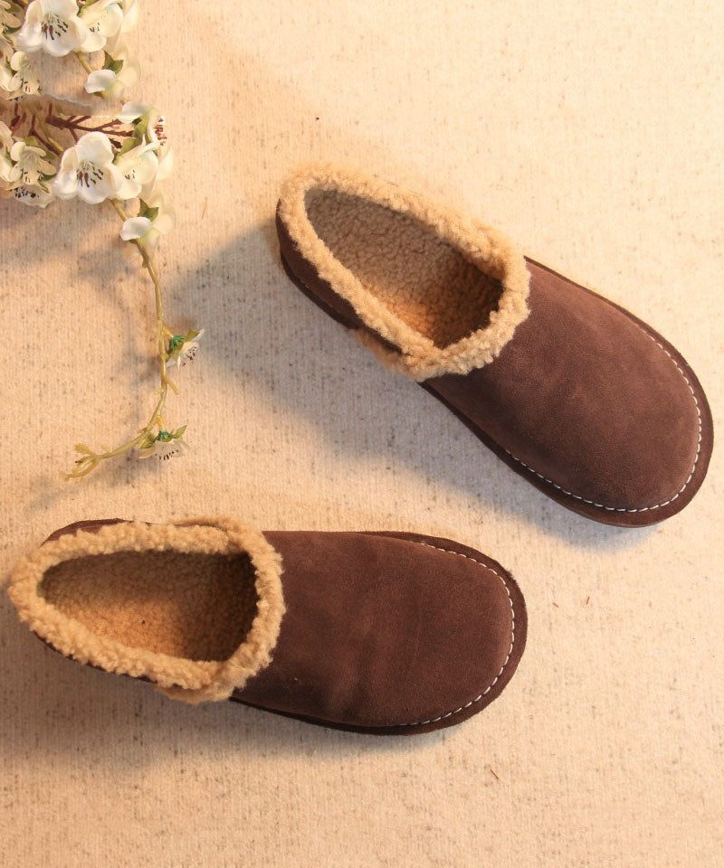 Fina Cowhide Läder Platta Skor För Kvinnor Khaki Fuzzy Wool Fodrade Flat Feet - Ullrockar för kvinnor