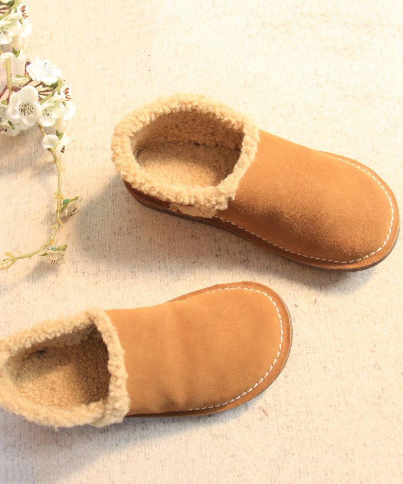 Fina Cowhide Läder Platta Skor För Kvinnor Khaki Fuzzy Wool Fodrade Flat Feet - Ullrockar för kvinnor