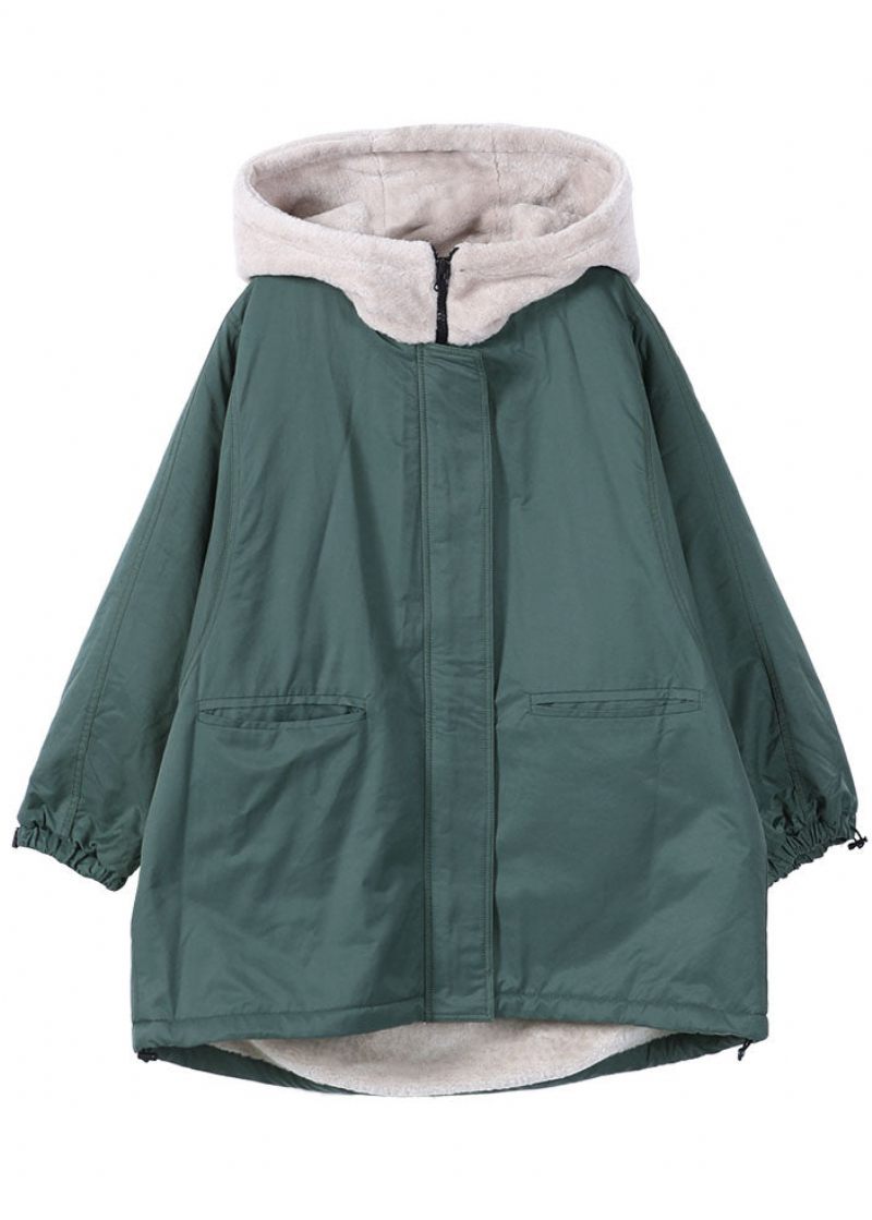 Fina Gröna Zip-up Fickor Patchwork Fleece Ull Fodrad Parka Jacka Vinter - Dunjackor för kvinnor