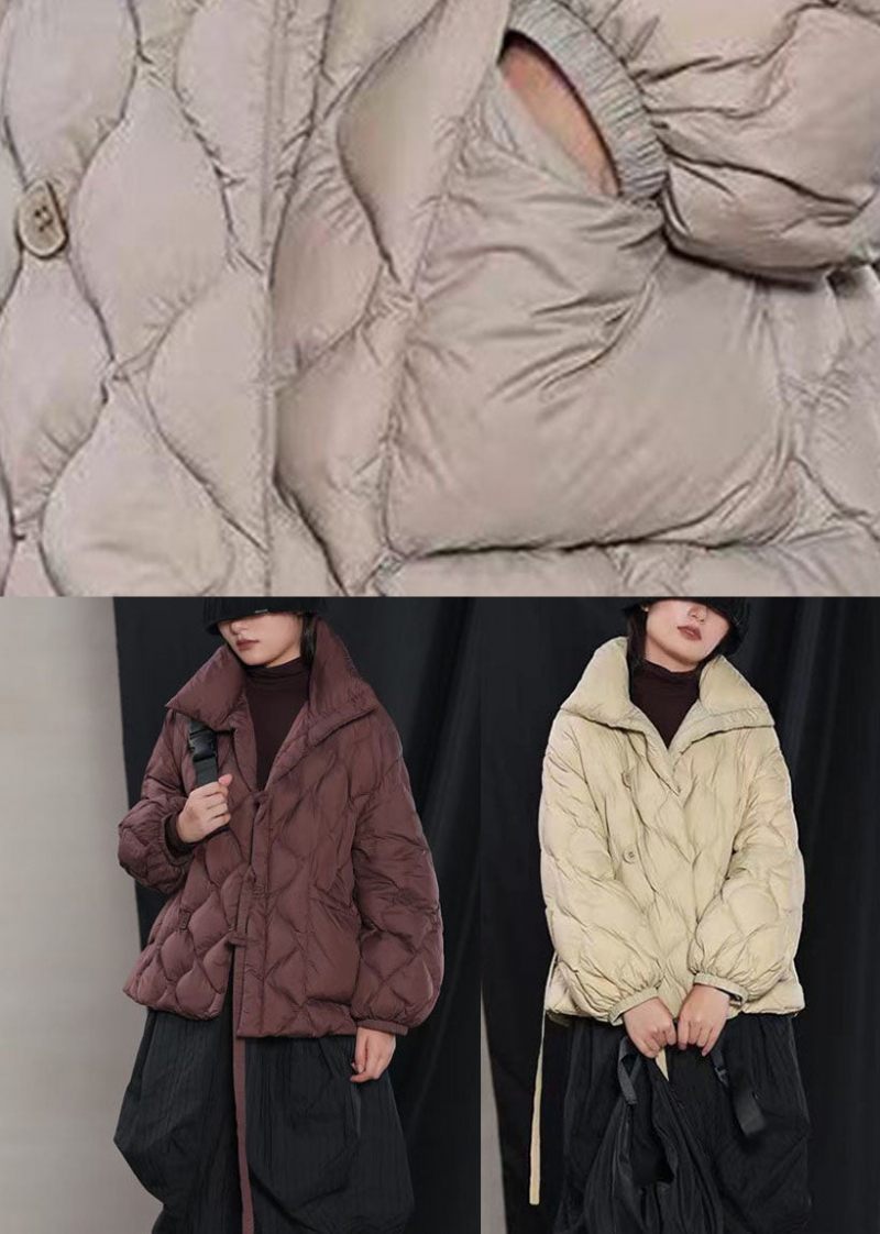 Fina Khaki Loose Stand Krage Fickor Vinter Duck Down Puffer Coat - Grå