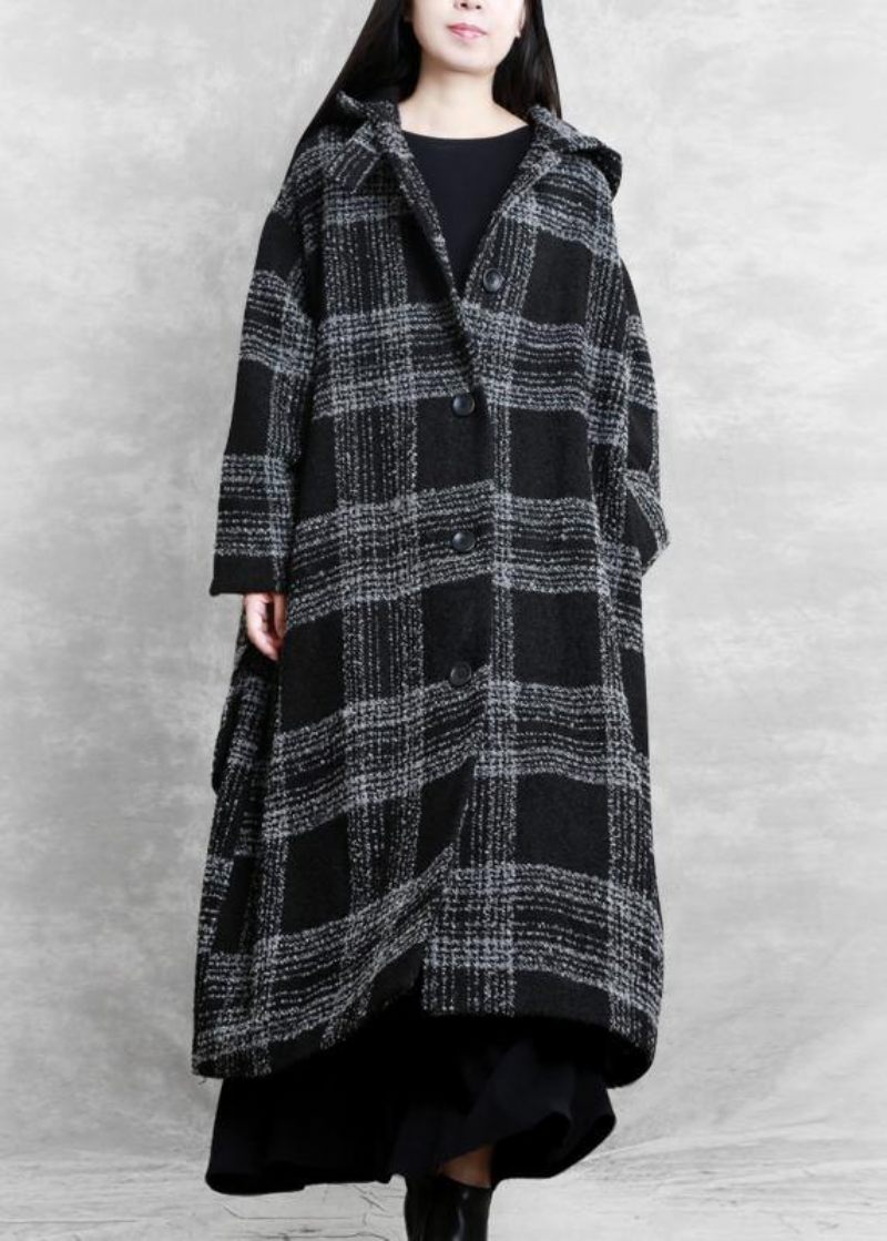 Fina Plus Size Kläder Vinterkappa Ytterkläder Svart Rutig Luva Patchwork Yllerockar - Trenchcoats för kvinnor