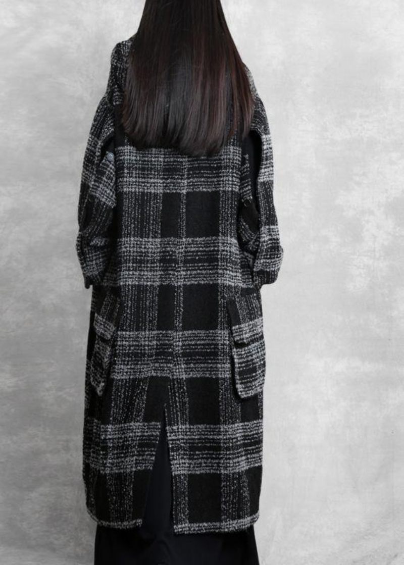 Fina Plus Size Kläder Vinterkappa Ytterkläder Svart Rutig Luva Patchwork Yllerockar - Trenchcoats för kvinnor