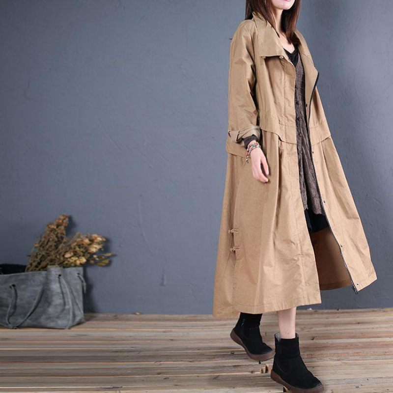 Fina Plus Size Långa Kappor Höst Ytterkläder Khaki Sida Öppen - Trenchcoats för kvinnor