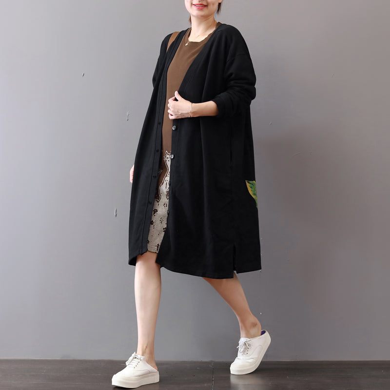 Fina Svarta Kappor Plus Size Tryck Maxi Coat Boutique Långa Cardigans Med V-ringad - Vinterkappor för kvinnor