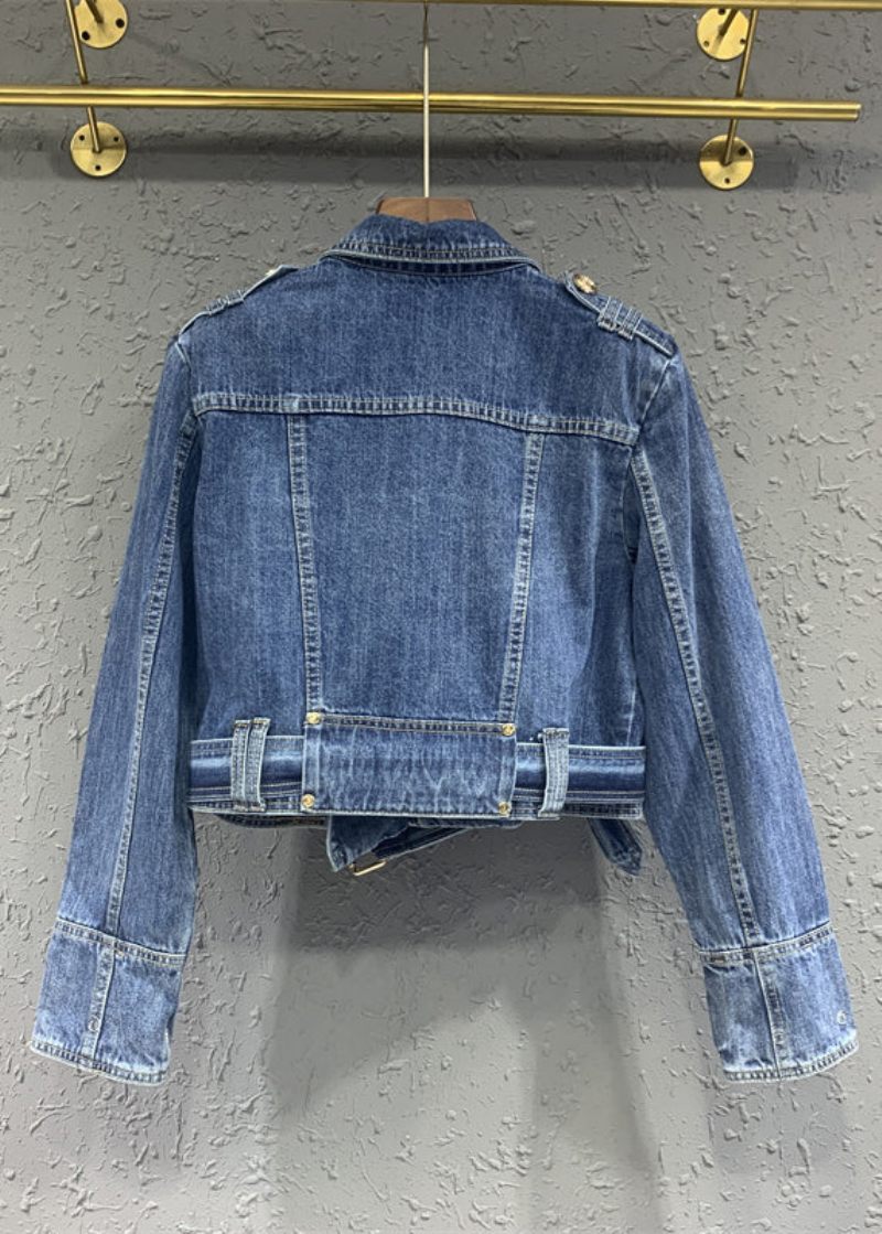 Finblå Peter Pan Krage Zip Up Patchwork Jeansjackor Höst - Vinterkappor för kvinnor