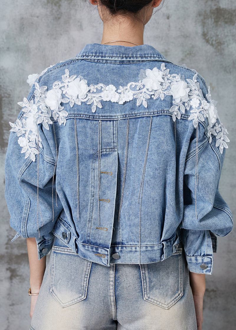 Fine Blå Tofsar Patchwork Spets Blomma Denim Korta Kappor Spring - Vinterkappor för kvinnor