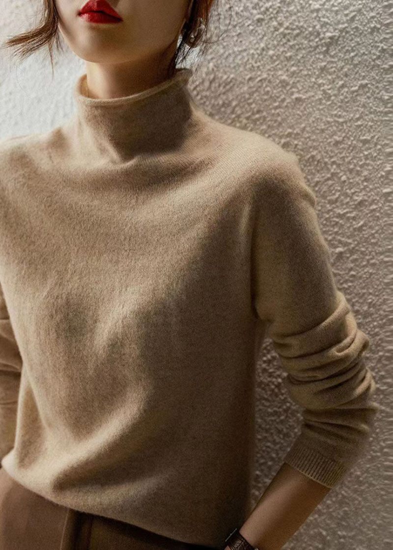 Fransk Beige Hign Neck Varma Ulltröjor Höst - Ullrockar för kvinnor