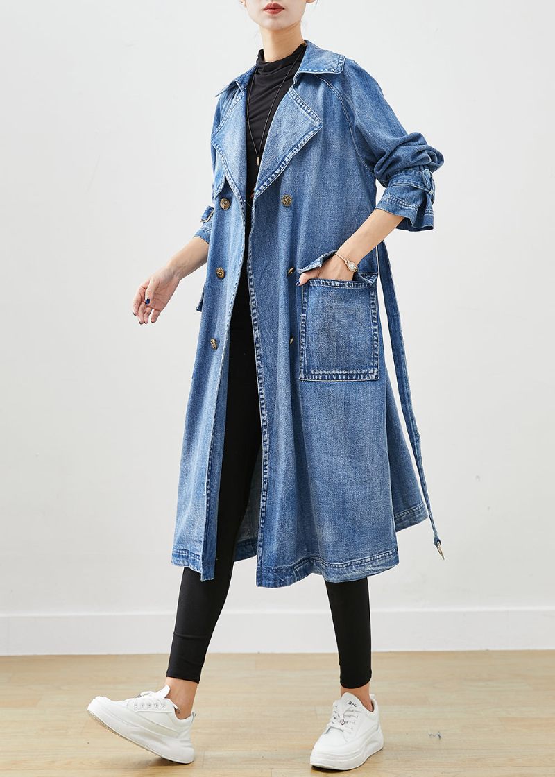 Fransk Blå Dubbel Bröst Tie Midja Denim Trench Fall