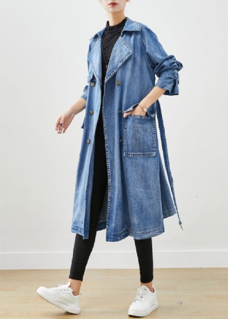 Fransk Blå Dubbel Bröst Tie Midja Denim Trench Fall