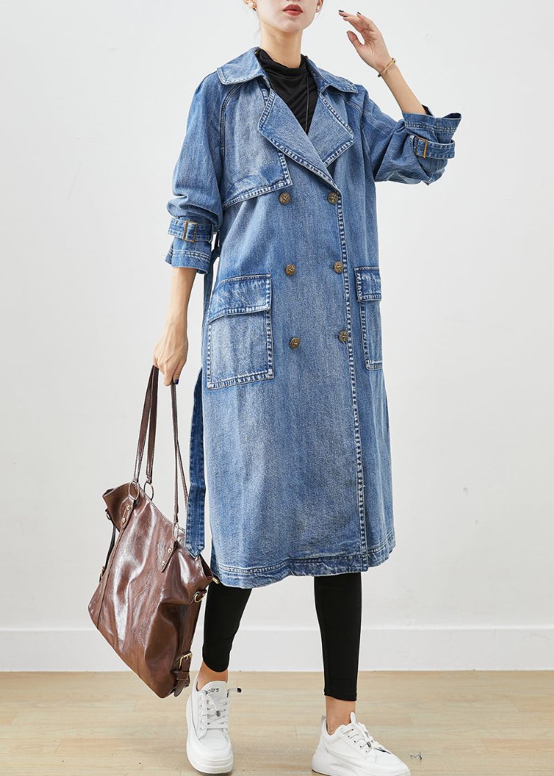 Fransk Blå Dubbel Bröst Tie Midja Denim Trench Fall - Trenchcoats för kvinnor