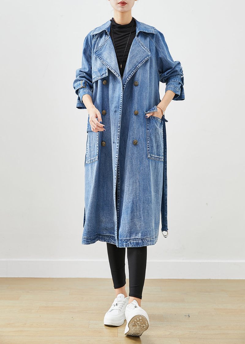 Fransk Blå Dubbel Bröst Tie Midja Denim Trench Fall - Trenchcoats för kvinnor