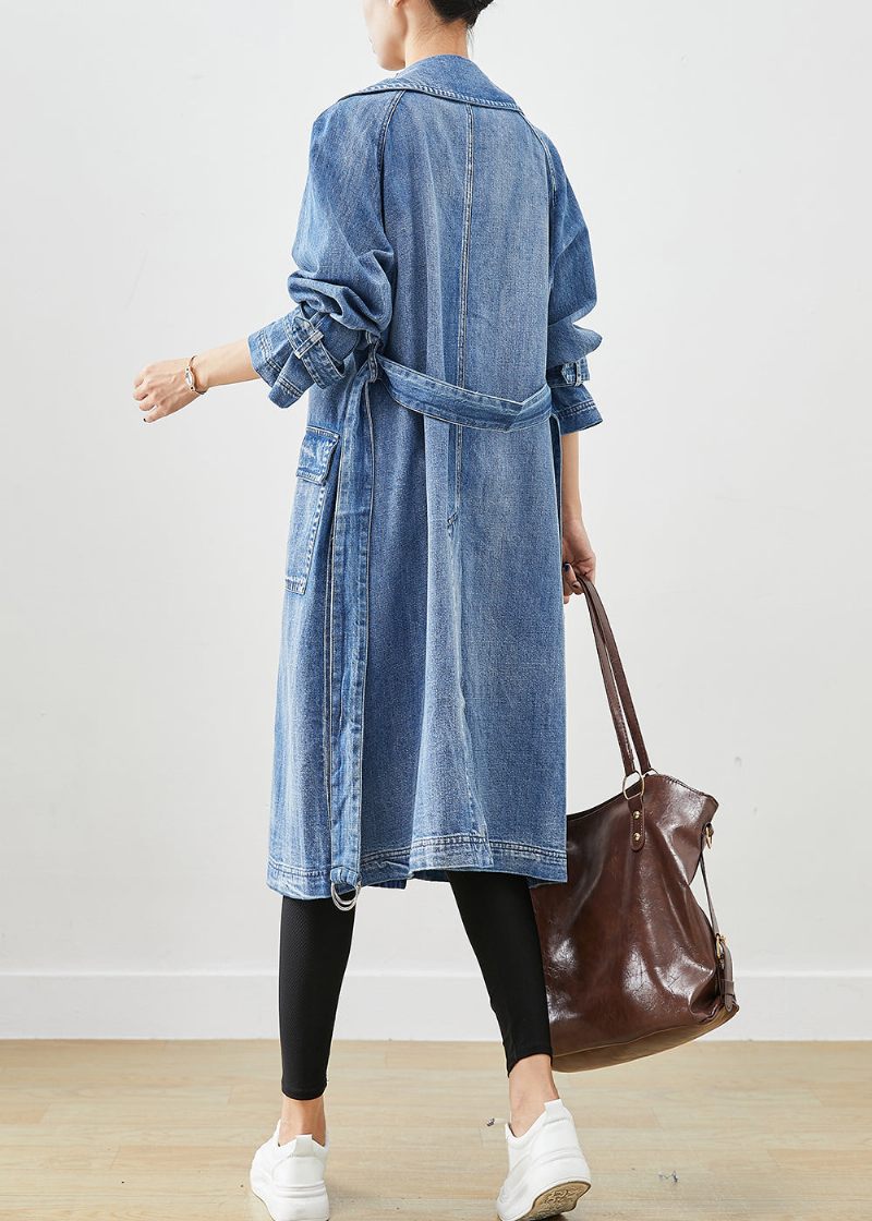 Fransk Blå Dubbel Bröst Tie Midja Denim Trench Fall - Trenchcoats för kvinnor