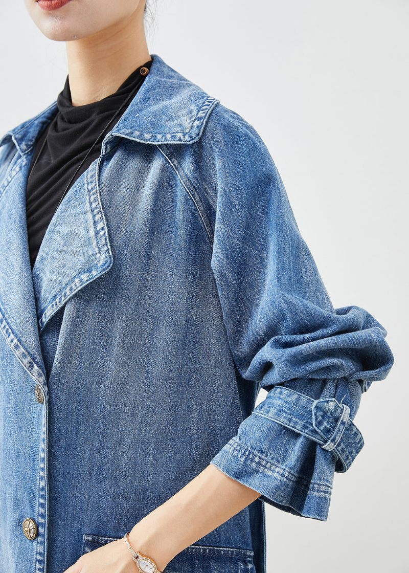 Fransk Blå Dubbel Bröst Tie Midja Denim Trench Fall - Trenchcoats för kvinnor