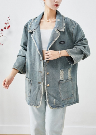 Fransk Blå Grå Oversized Fickor Denim Ripped Coat Ytterkläder Höst