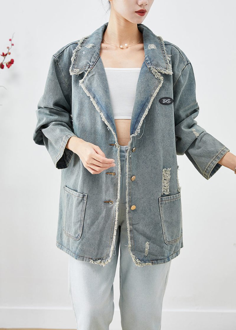 Fransk Blå Grå Oversized Fickor Denim Ripped Coat Ytterkläder Höst - Vinterkappor för kvinnor