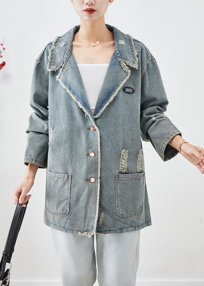 Fransk Blå Grå Oversized Fickor Denim Ripped Coat Ytterkläder Höst - Vinterkappor för kvinnor