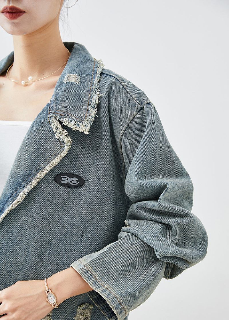 Fransk Blå Grå Oversized Fickor Denim Ripped Coat Ytterkläder Höst - Vinterkappor för kvinnor