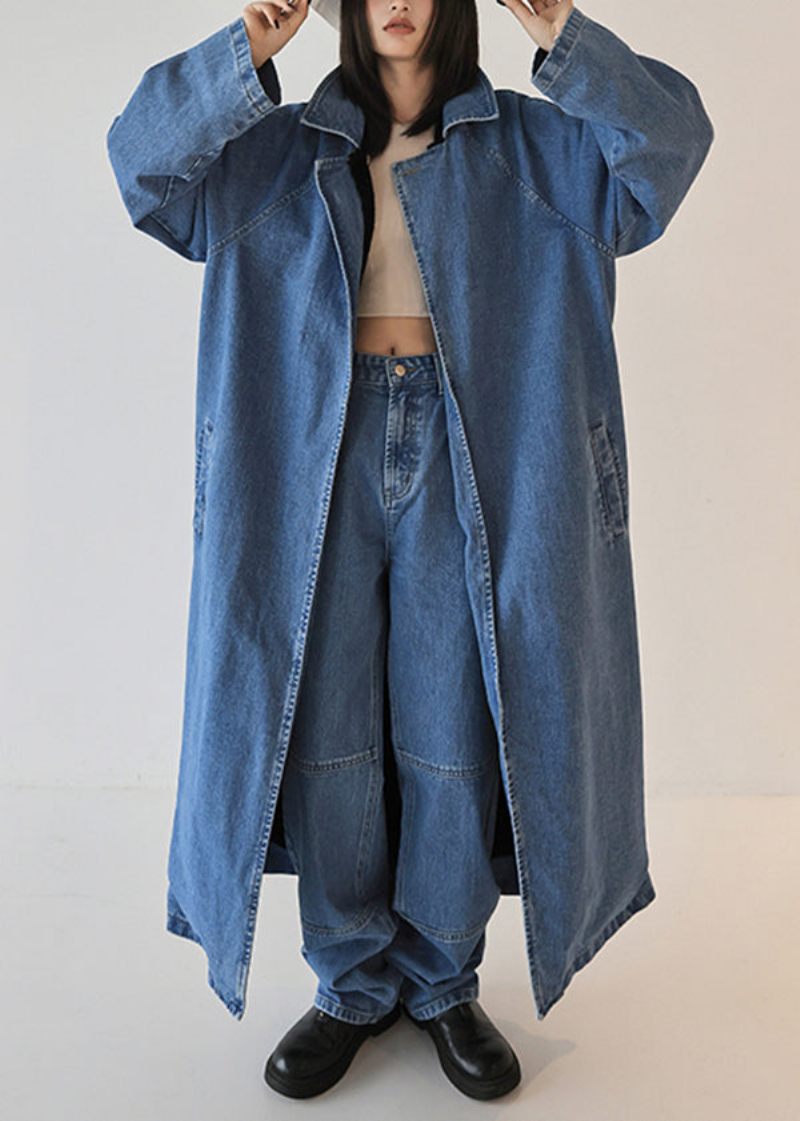 Fransk Blå Överdimensionerad Slitage På Båda Sidor Denim Trenchcoat Höst - Vinterkappor för kvinnor