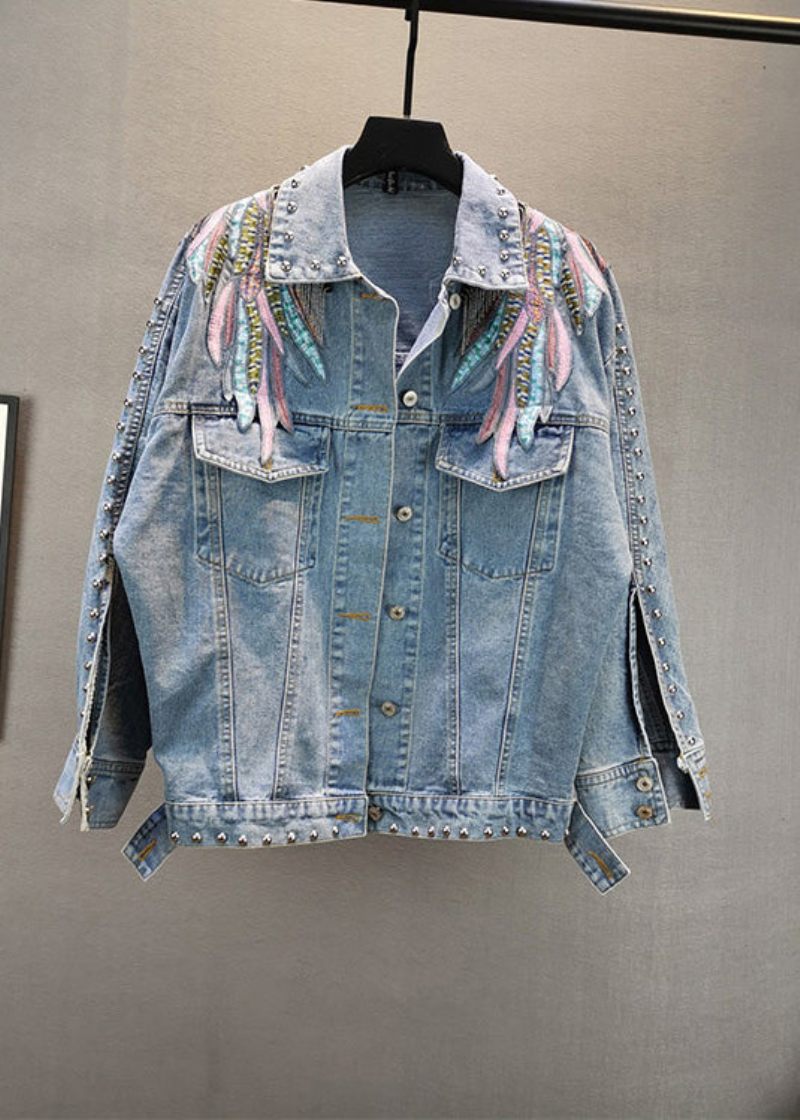 Fransk Blå Peter Pan Krage Broderad Patchwork Tofs Bomull Denim Coat Långärmad