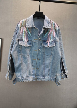 Fransk Blå Peter Pan Krage Broderad Patchwork Tofs Bomull Denim Coat Långärmad