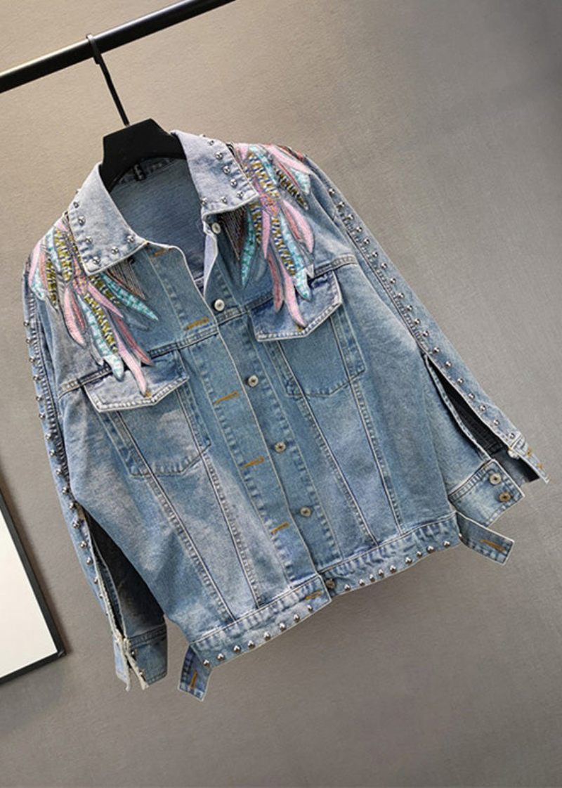 Fransk Blå Peter Pan Krage Broderad Patchwork Tofs Bomull Denim Coat Långärmad - Vinterkappor för kvinnor