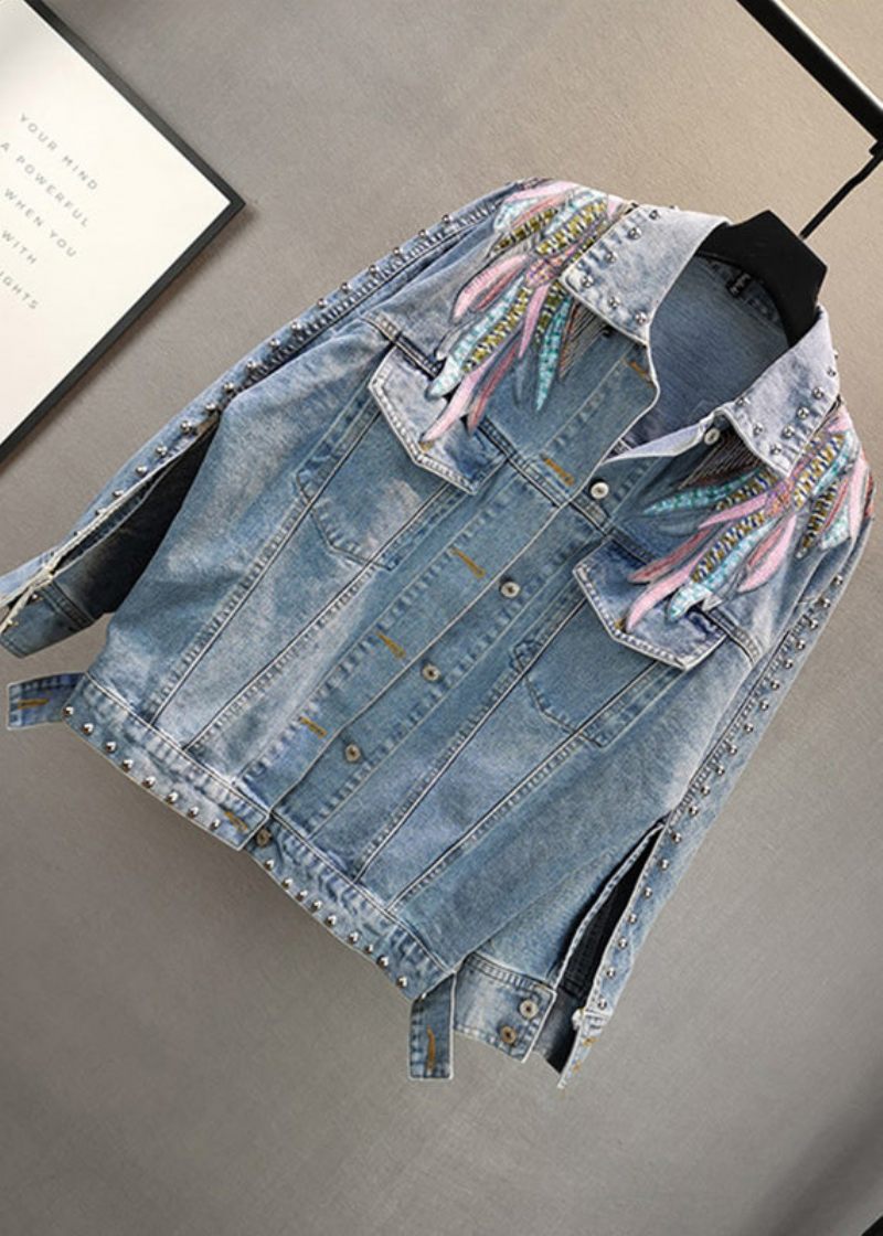 Fransk Blå Peter Pan Krage Broderad Patchwork Tofs Bomull Denim Coat Långärmad - Vinterkappor för kvinnor