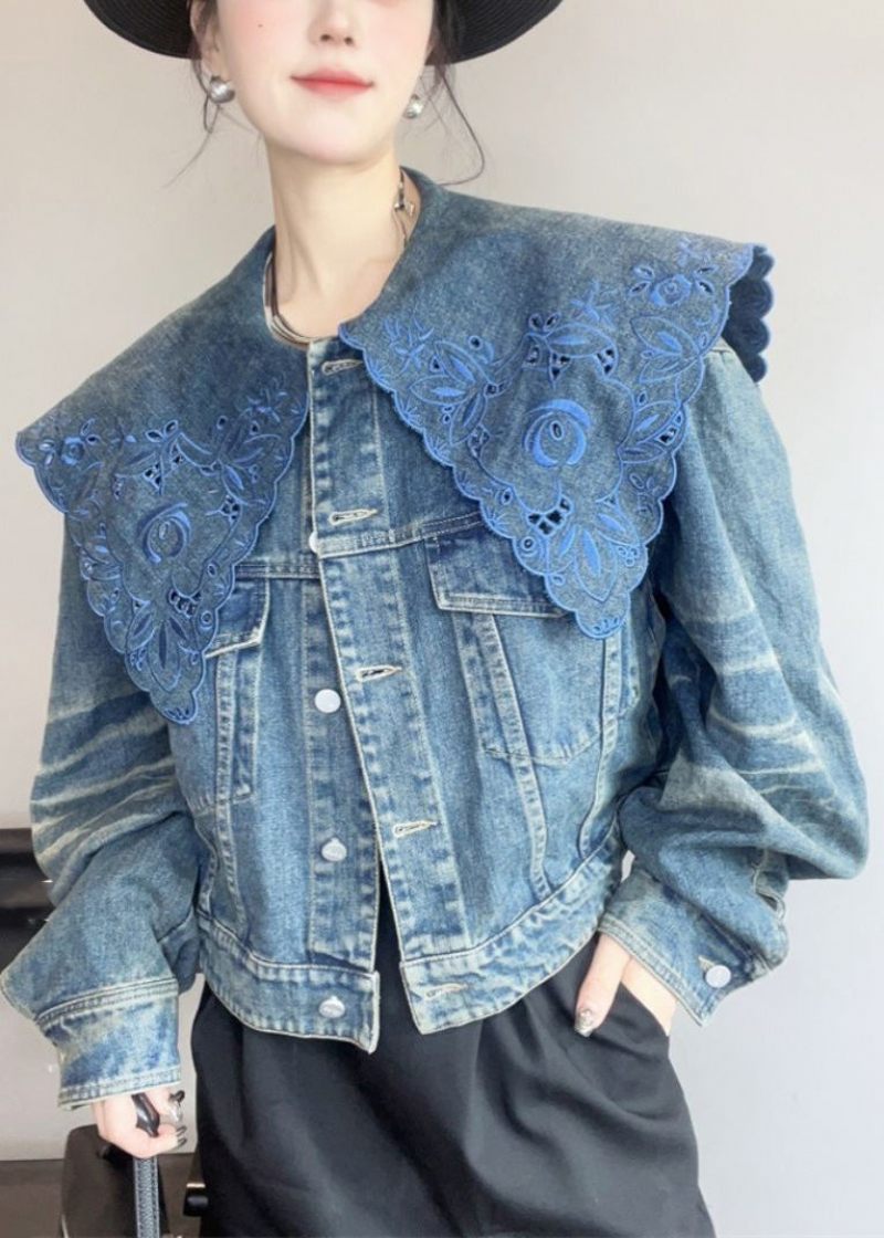 Fransk Blå Peter Pan Krage Hollow Out Denim Coat Spring