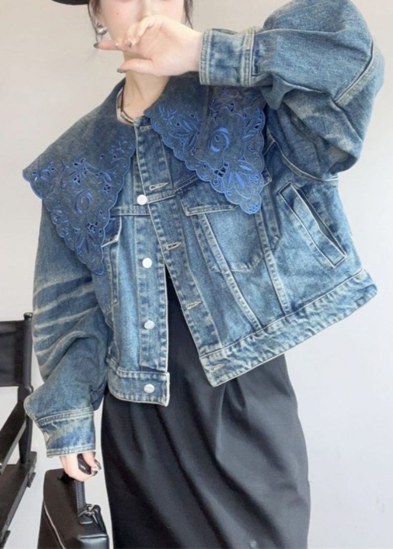 Fransk Blå Peter Pan Krage Hollow Out Denim Coat Spring - Vinterkappor för kvinnor