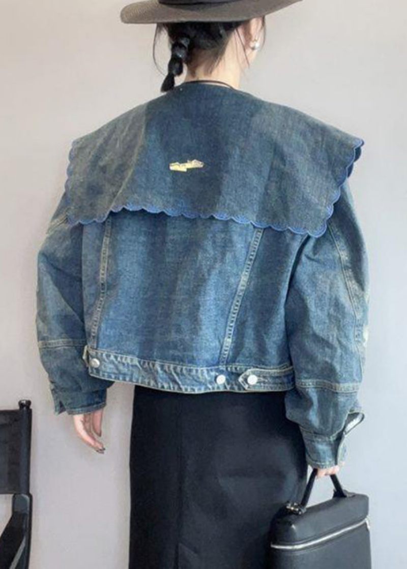 Fransk Blå Peter Pan Krage Hollow Out Denim Coat Spring - Vinterkappor för kvinnor