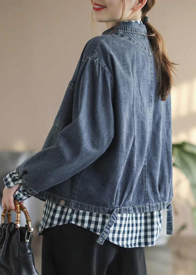 Fransk Blå Peter Pan Krage Patchwork Button Bomull Denimrockar Spring - Blå