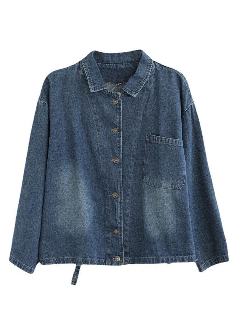 Fransk Blå Peter Pan Krage Patchwork Button Bomull Denimrockar Spring - Blå