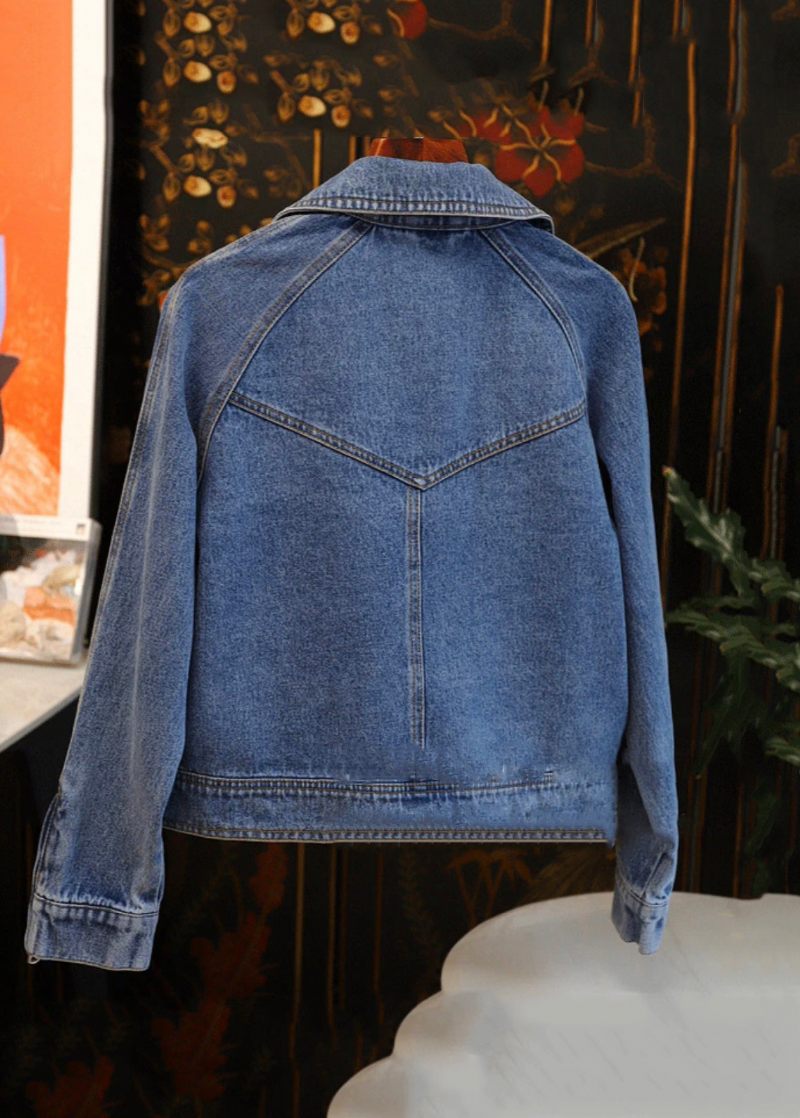 Fransk Blå Peter Pan Krage Zip Up Patchwork Denim Coat Fall - Vinterkappor för kvinnor