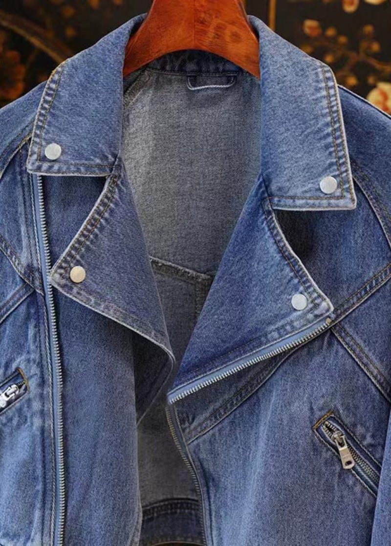 Fransk Blå Peter Pan Krage Zip Up Patchwork Denim Coat Fall - Vinterkappor för kvinnor