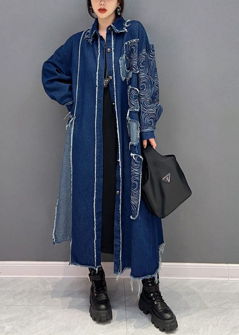 Fransk Blå Turn-down Krage Patchwork Denim Tyg Coat Spring