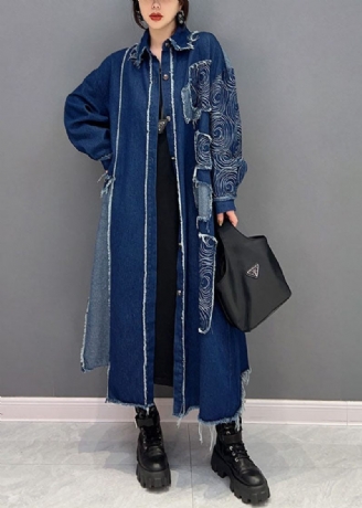 Fransk Blå Turn-down Krage Patchwork Denim Tyg Coat Spring