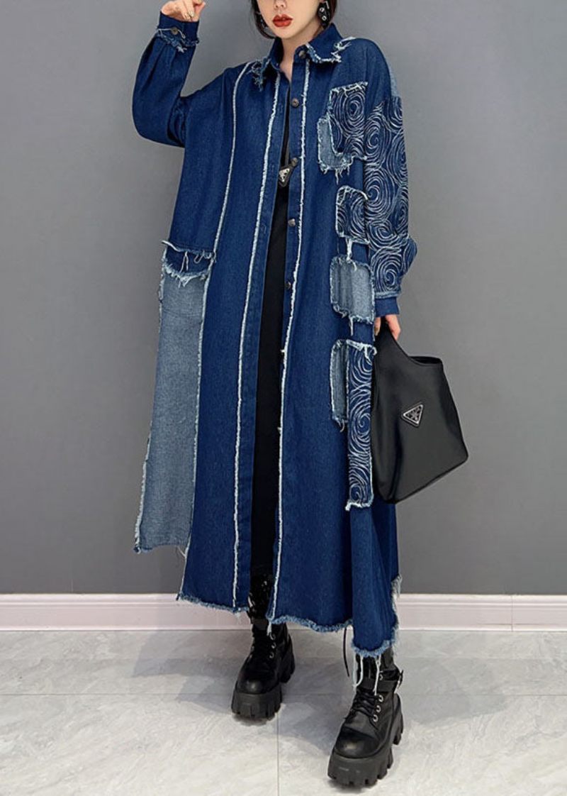 Fransk Blå Turn-down Krage Patchwork Denim Tyg Coat Spring - Vinterkappor för kvinnor