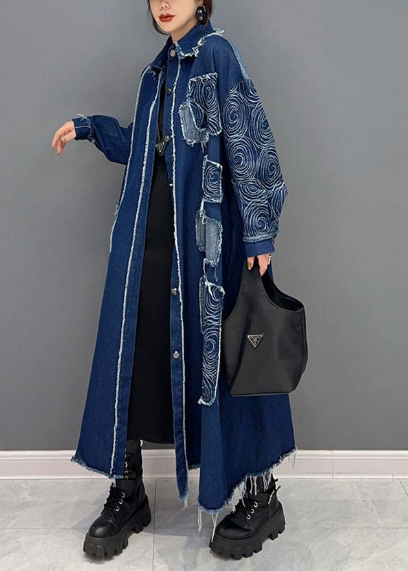 Fransk Blå Turn-down Krage Patchwork Denim Tyg Coat Spring - Vinterkappor för kvinnor