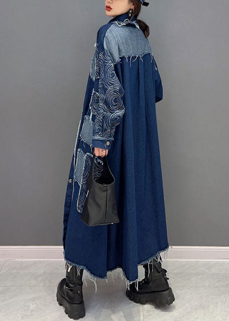 Fransk Blå Turn-down Krage Patchwork Denim Tyg Coat Spring - Vinterkappor för kvinnor