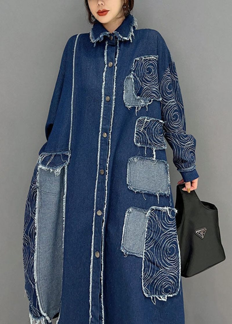 Fransk Blå Turn-down Krage Patchwork Denim Tyg Coat Spring - Vinterkappor för kvinnor