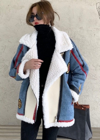 Fransk Blå Zip Up Denim Patchwork Faux Fur Vinterkappa