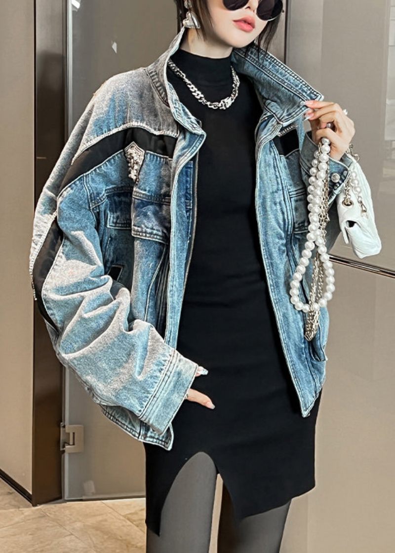 Fransk Blå Zircon Patchwork Denim Coat Höst - Vinterkappor för kvinnor