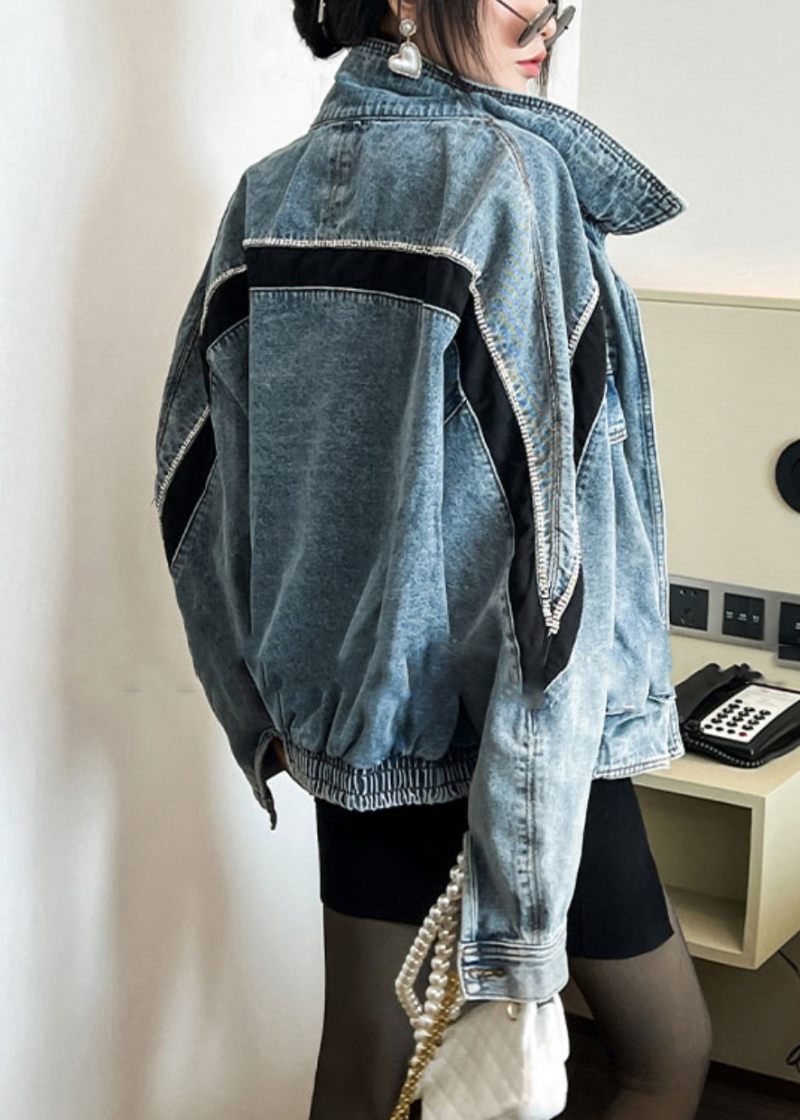 Fransk Blå Zircon Patchwork Denim Coat Höst - Vinterkappor för kvinnor