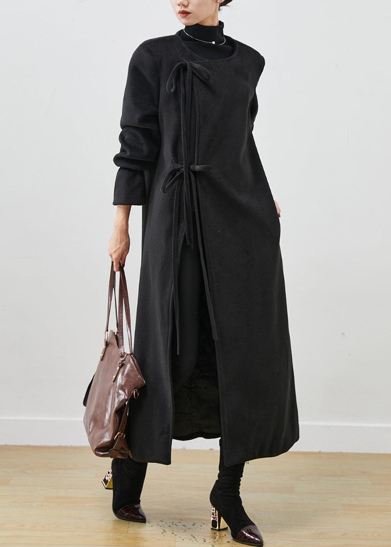 Fransk Black Lace Up Woolen Trench Spring