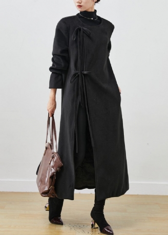 Fransk Black Lace Up Woolen Trench Spring