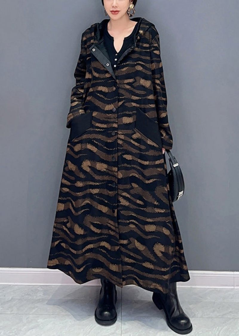 Fransk Brun Hooded Print Button Bomull Lång Trench Coat Fall