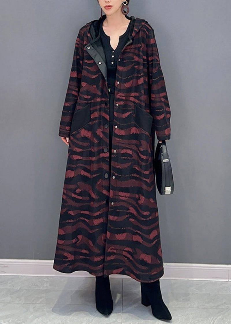 Fransk Brun Hooded Print Button Bomull Lång Trench Coat Fall - Vinterkappor för kvinnor