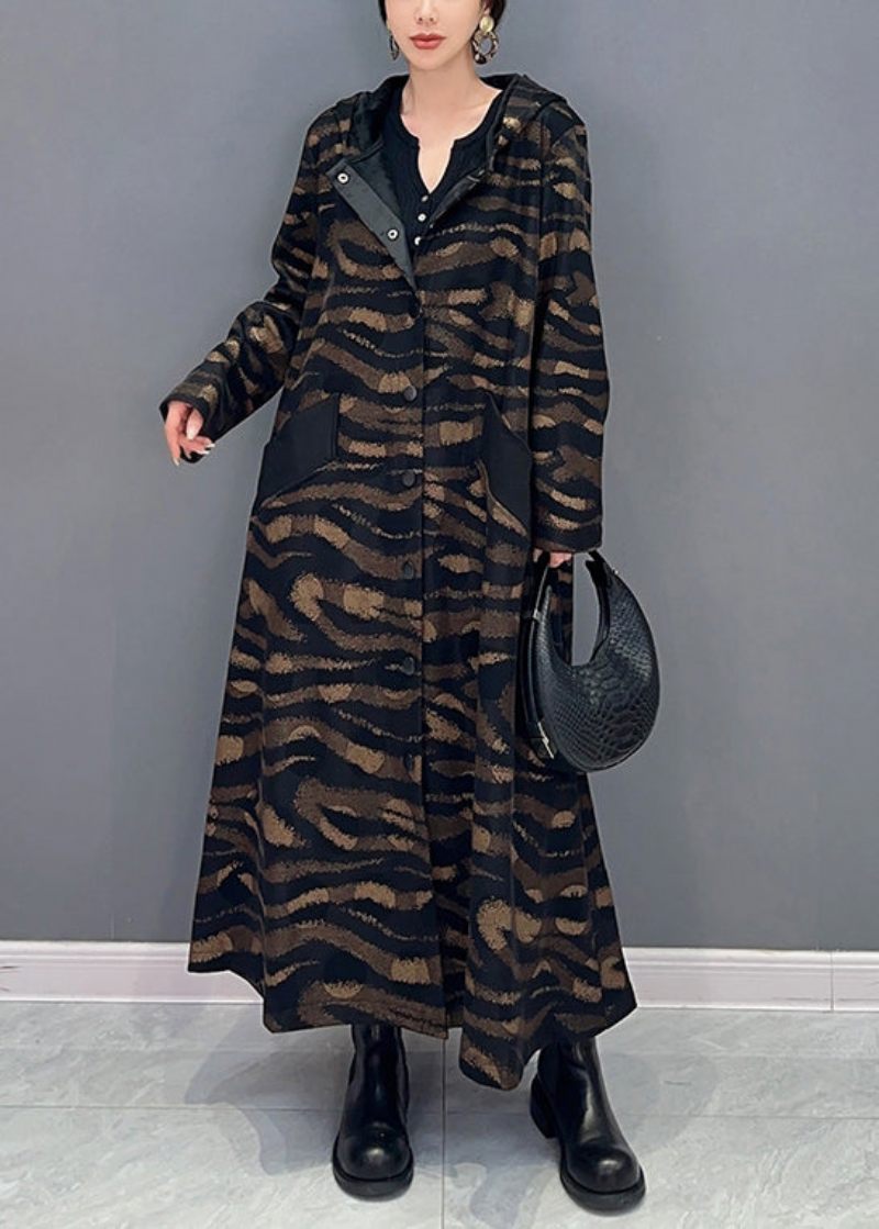 Fransk Brun Hooded Print Button Bomull Lång Trench Coat Fall - Vinterkappor för kvinnor