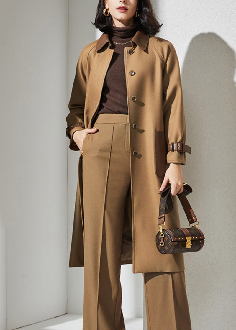 Fransk Camel Button Tie Midjefickor Ull Trench Coat Fall - Trenchcoats för kvinnor